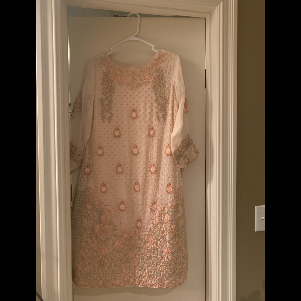 Embroidered pure chiffon three piece suit